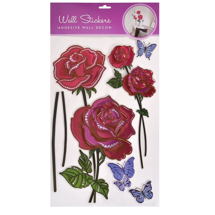 Комплект от 6 декоративни стикера за стена Shopiens®, 3D червено-лилави рози със сребърни детайли, 32 x 50 cm