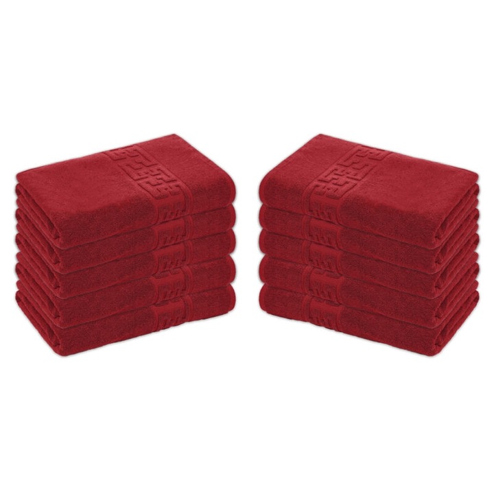 Комплект 10 кърпи за баня, памук, Greek Border, 500g/m², 70x140cm, червени