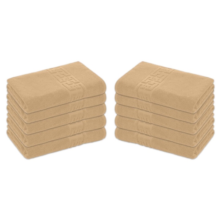Комплект от 10 кърпи за баня, памук, гръцки бордюр, 500g/m², 70x140cm, светлокафяви