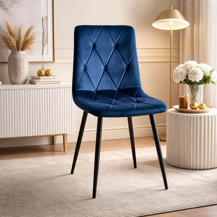 Scaun bucatarie/living, Artool, Libra, catifea bleumarin, picioare metal negru, 44x40x88.5 cm