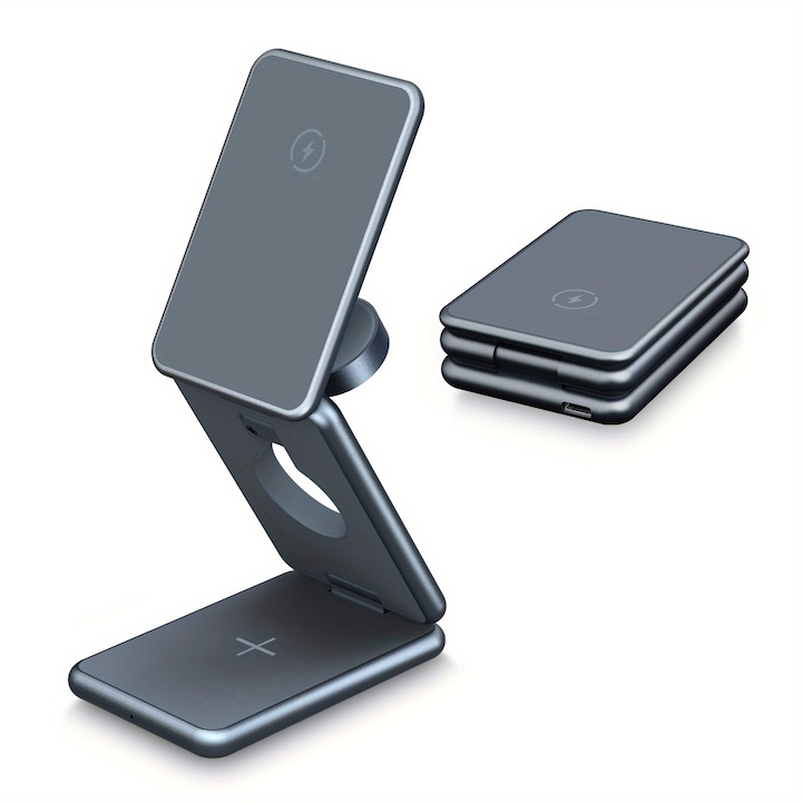 Incarcator wireless 15W magsafe 3 in 1 portabil, pliabil RiKbo® Fast Charge Aluminum Alloy, compatibil cu iPhone 15 14 13 12 iWatch 1-9 Airpod, poate incarca telefoane si ceasuri Samsung