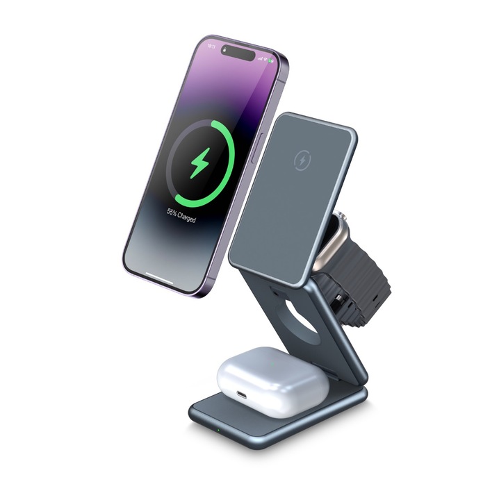 Incarcator wireless 15W magsafe 3 in 1 portabil, pliabil RiKbo® Fast Charge Aluminum Alloy, compatibil cu iPhone 15 14 13 12 iWatch 1-9 Airpod, poate incarca telefoane si ceasuri Samsung