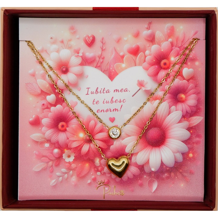 Set cadou pentru sotie sau iubita - lantisor dublu cu pandantiv zirconiu, pandantiv in forma de inima, cutie premium si card magnetic cu dedicatie