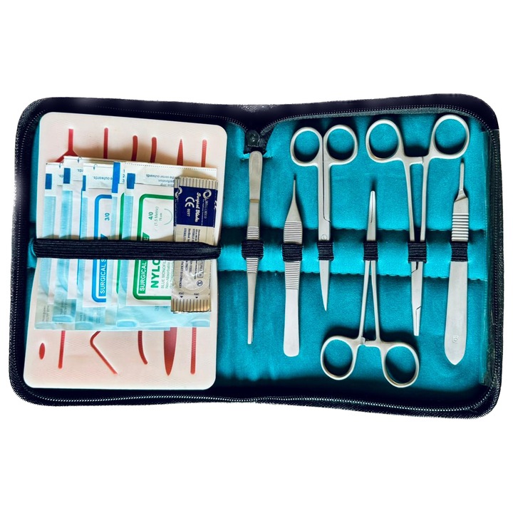 Kit Profesional Complet pentru Practicarea Suturilor Chirurgicale cu 6 Instrumente, 5 Fire de sutura, 4 Lame de bisturiu, 1 Mulaj de sutura, Suture Expert, VELICO®, Turcoaz