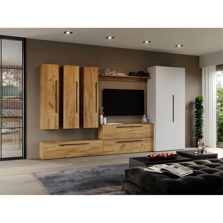 Set Mobila Living, Poem cu Dulap, C31, Stejar Auriu, L 320 x A 33.4 x H 185 cm