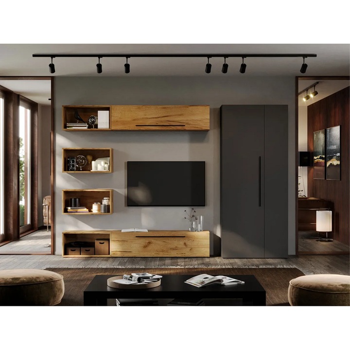 Set Mobila Living, Poem cu Dulap, C37, Stejar Auriu, L 260 x A 33.4 x H 185 cm