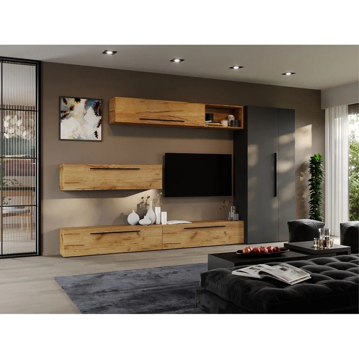 Set Mobila Living, Poem cu Dulap, C38, Stejar Auriu, L 320 x A 33.4 x H 185 cm