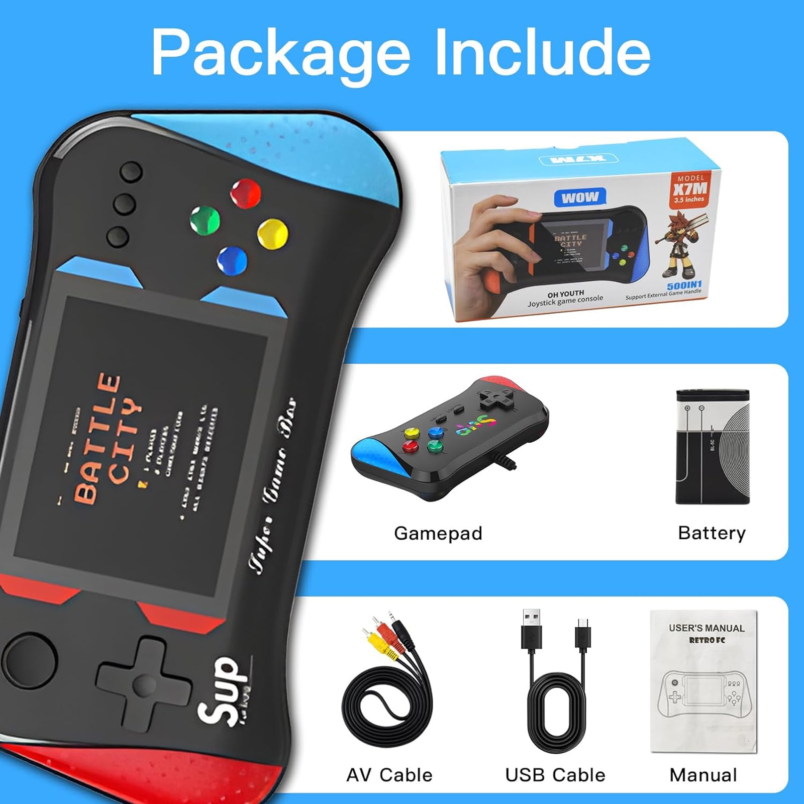 Consola de jocuri, Axroad Mall, Display 3.0 inch, Se poate conecta la TV, Sprijina doi jucatori, Iesire AV, 500 jocuri preinstalate, Acumulator incorporat, 1200mAh, Portabila, Plastic, 180x50x20mm, Negru