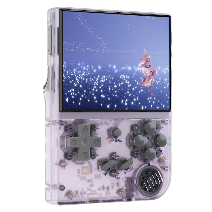 Игрова конзола RG35XX, Axroad Mall, Дисплей 3.5 инча, Вътрешна памет 64GB, Може да се свърже към телевизор, Поддържа до 8 емулатора, 5474 предварително инсталирани игри, Вградена батерия, 2600mAh, Преносим, Пластмасов, 11.7x8x2cm, Лилав