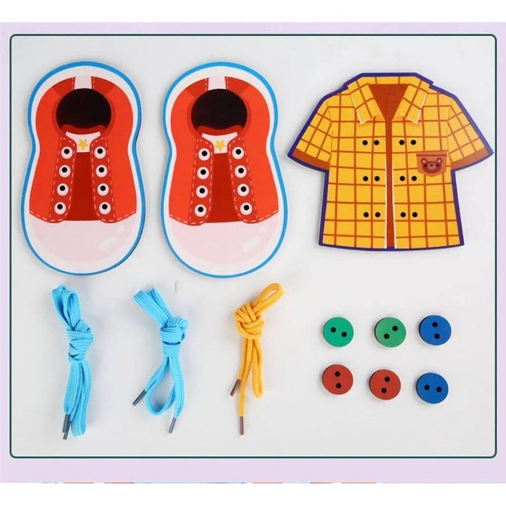 Montessori oktatójáték, Tanuld meg fűzni és gombokat rögzíteni