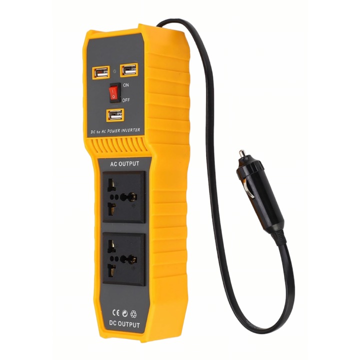 Autós feszültség inverter, DC/AC 12v/220v, 200-400w, 3xUSB, sárga