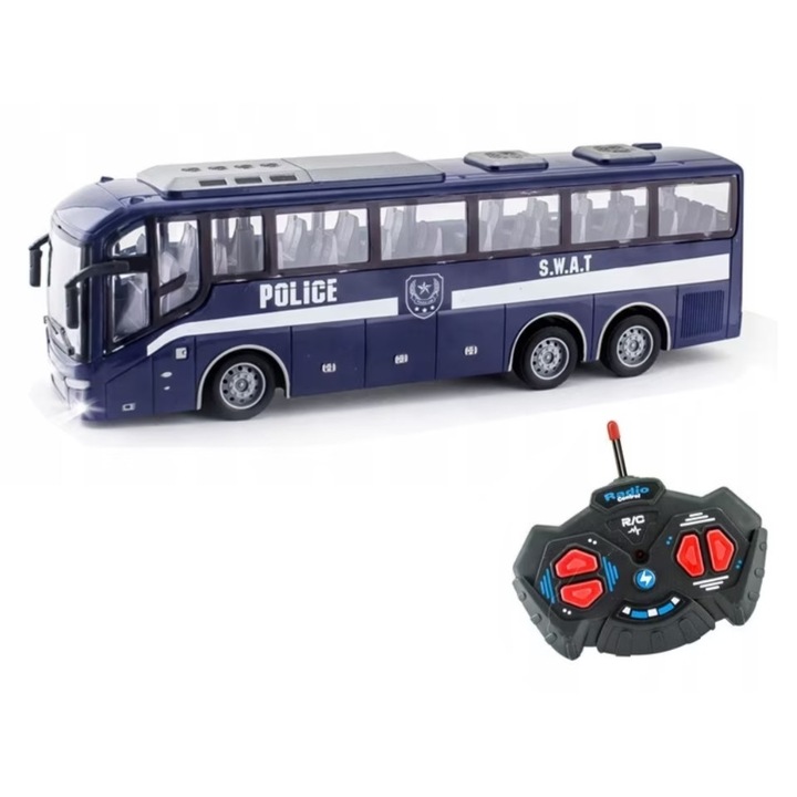 Autobuz cu Telecomanda, Police Bus, Roti de Cauciuc, Scara 1:30, Lungime 31.5cm, 3ani+