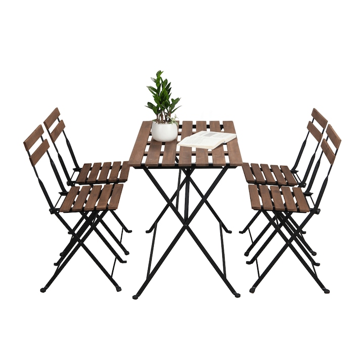Set de gradina, 4 scaune, 1 masa, extensibil, lemn/otel, 100x54x71 cm, Bortis