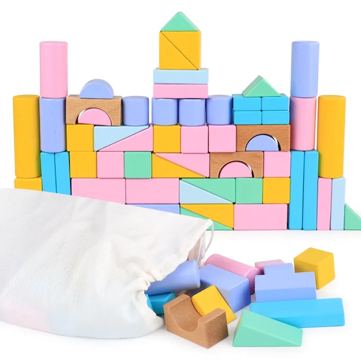 Set cuburi de constructie din lemn Ælements®, contine puzzle 6 in 1 din lemn si saculet depozitare, culori pastel, 57 piese