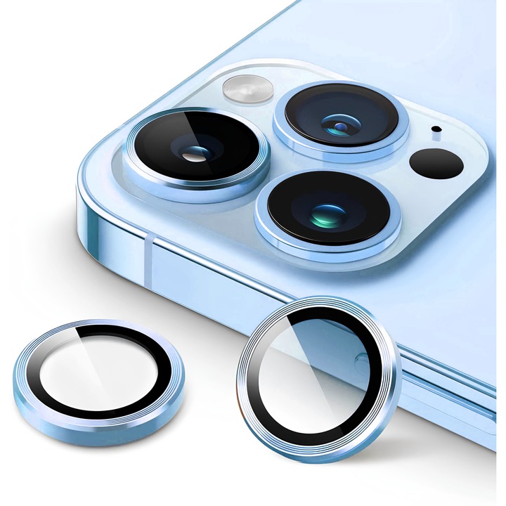 Протектор за камера за iPhone 14 Pro / 14 Pro Max, закалено стъкло, алуминий, 3 броя, ултратънко, 9H твърдост, против надраскване, против пръстови отпечатъци, против удар, синьо