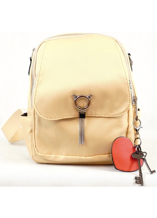 Дамска раница с котешка шарка и клъч, полиестер, бежов