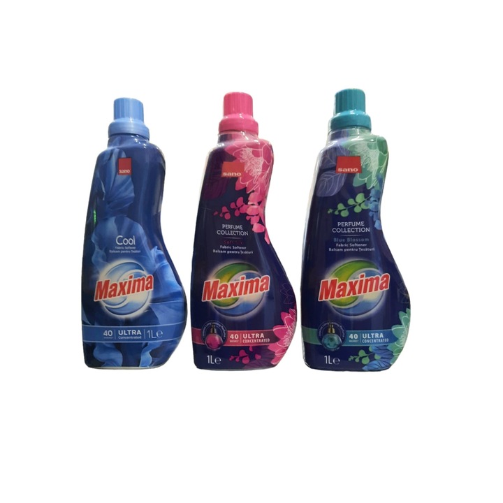 Maxima öblítő csomag: Maxima Blue Blossom öblítő, 40 mosás, 1L + Maxima Soft Silk öblítő, 40 mosás, 1L + Maxima Cool öblítő, 40 mosás, 1L