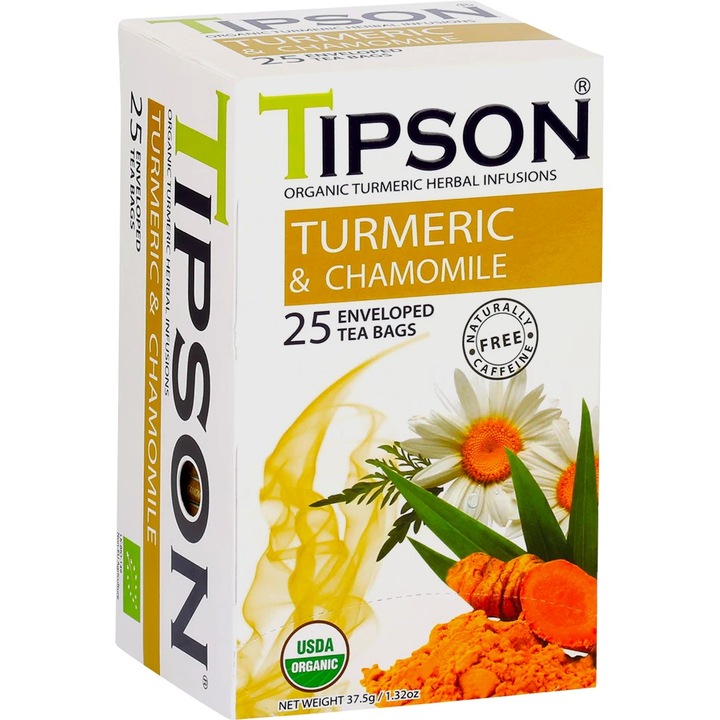 Bio kurkuma és kamilla tea "gyógynövény infúziók" citromfűvel és bazsalikommal, 25 tasak x 1,5 g, Tipson tea