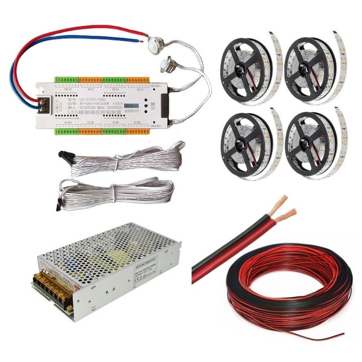 Kit iluminat inteligent pentru scari / trepte cu senzori de miscare, Banda LED 20ml, sursa alimentare +100m cablu alimentare banda led Alb Neutru 4000k
