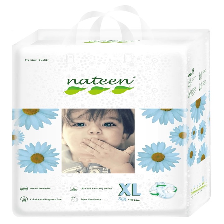 Scutece ecologice Nateen Premium, Nr. 5, 12-25 kg, 56 bucati