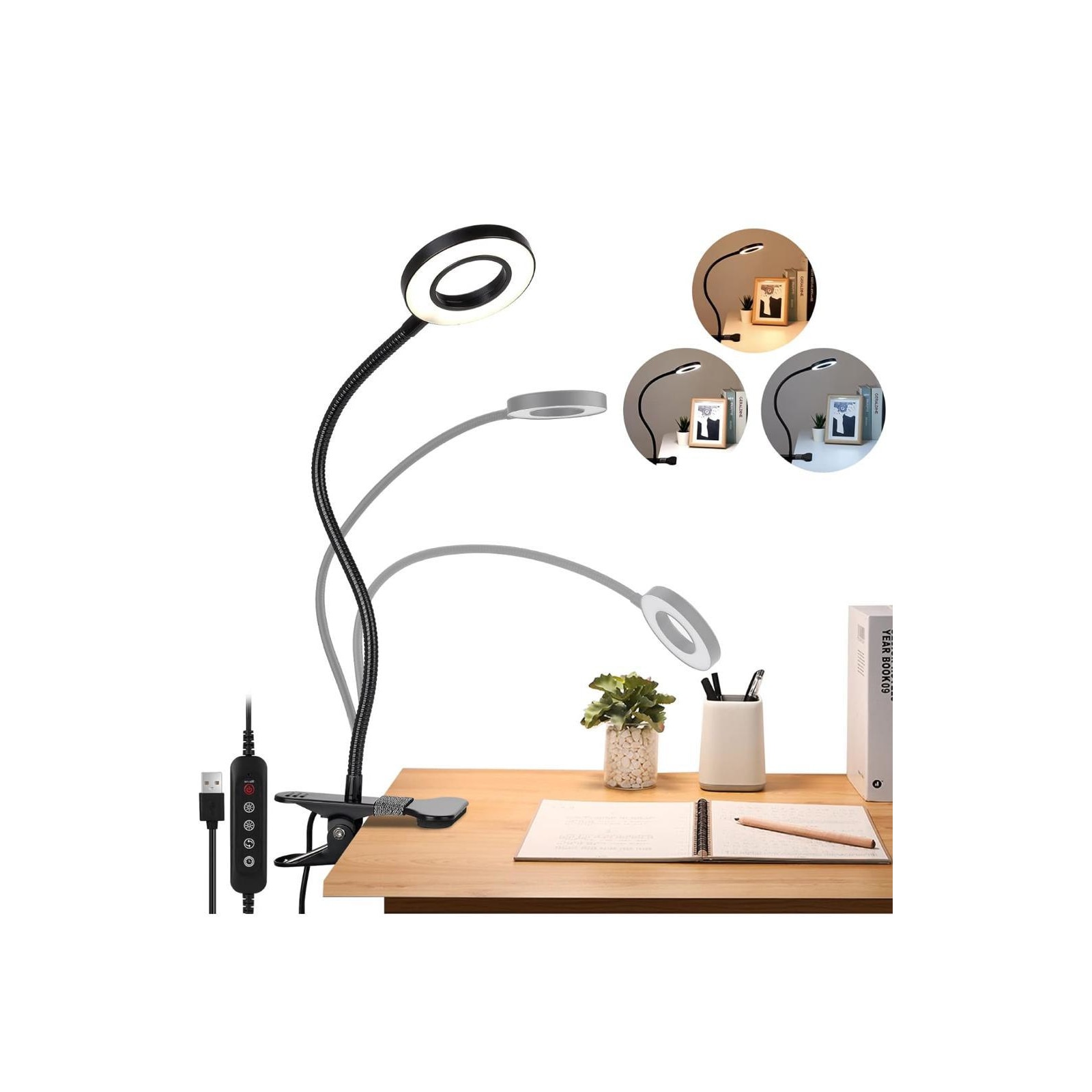 LED лампа за четене с щипка, 40 светодиода, 360° гъша шия, регулируема ...