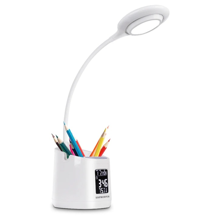Veioza lampa LED de birou multifunctionala cu suport creioane si telefon, ESPRODYS, display cu ceas, alarma si temperatura, brat flexibil, ajustare intensitate lumina, reincarcabila prin USB-C, pentru copii, elevi, studenti, alb