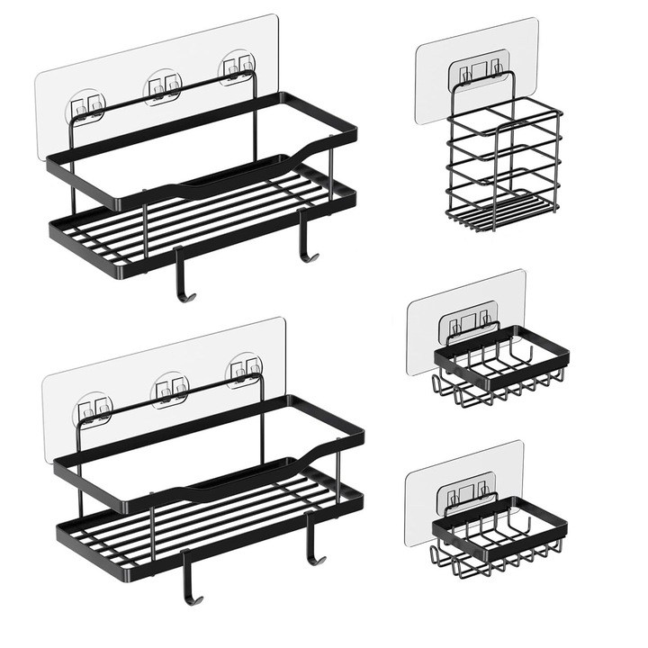 Polc zuhanyhoz, Zenai, rozsdamentes acélból, ragasztószalag, lyukak nélkül a falon, konyhai tároláshoz, fürdőszobai szervező, 5 darab, 14 kg -os teherbírással, Fekete Karbon
