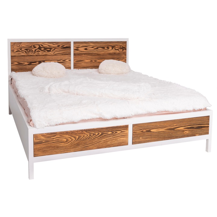 Pat 180x200 "Rustic Haven", culoare corp alb P004, culoare tablie maro P064, dublu color