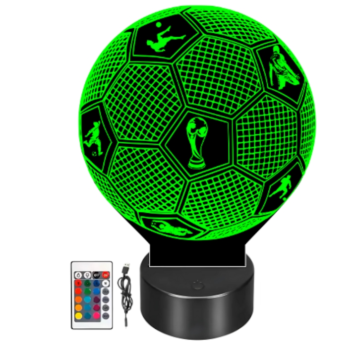 Lampa trofeu din acril cu LED multicolor - FIFA, fotbal, minge, efect 3D, telecomanda, touch