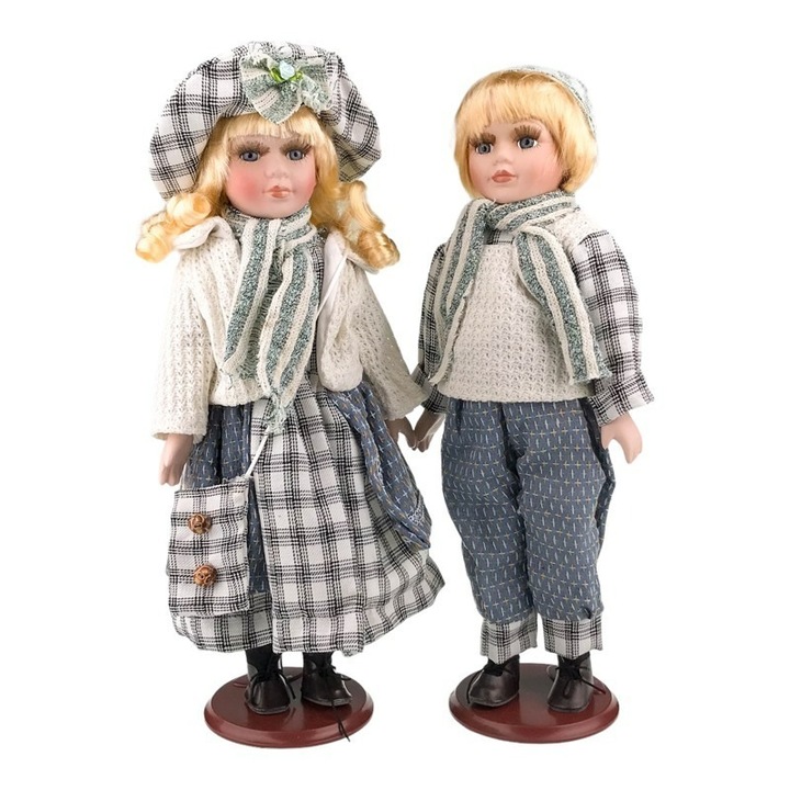 Dekoratív figura, Két babából álló készlet, lány és fiú, kerámia arccal és kezekkel, 41 cm, 1760H-2