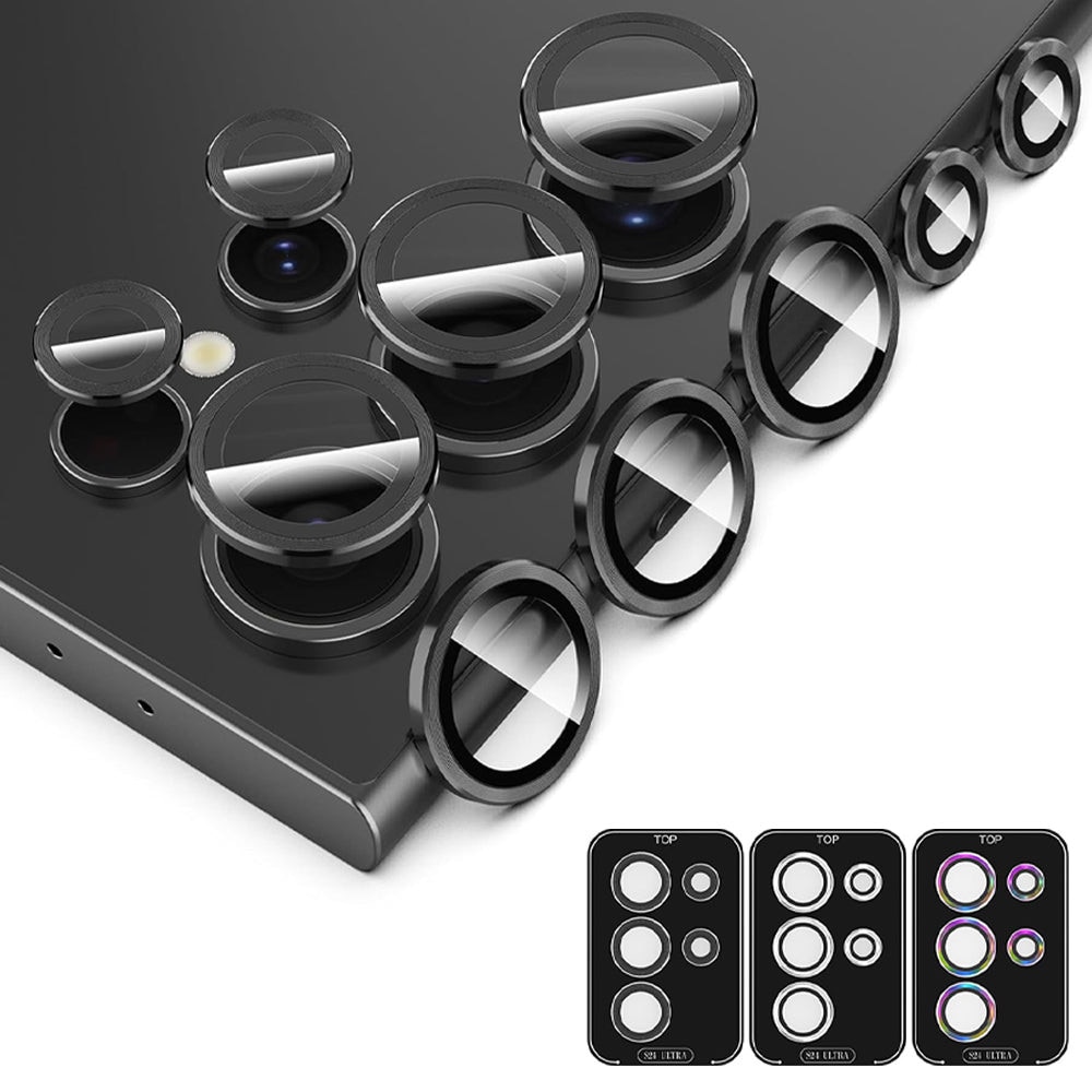 Set 3 pentru Samsung Galaxy S24 Ultra protectii pentru obiectivul camerei, JESWO®, Aluminiu/Sticla securizata, duritate 9H, Negru