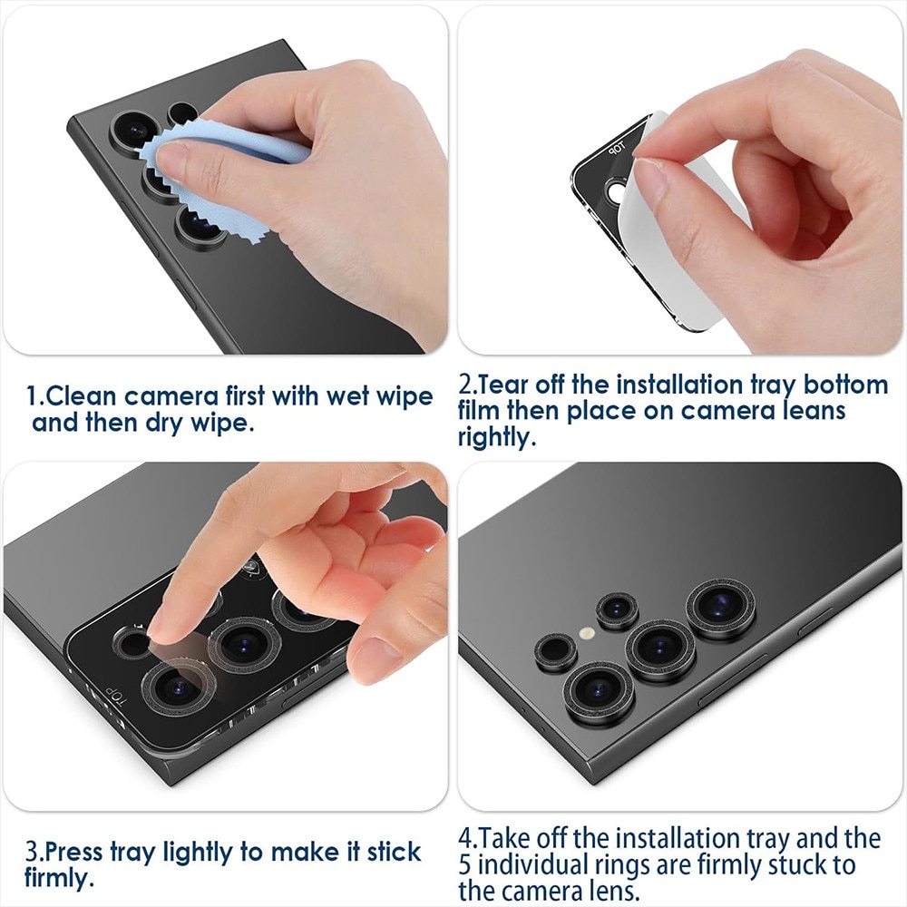 Set 3 pentru Samsung Galaxy S24 Ultra protectii pentru obiectivul camerei, JESWO®, Aluminiu/Sticla securizata, duritate 9H, Negru