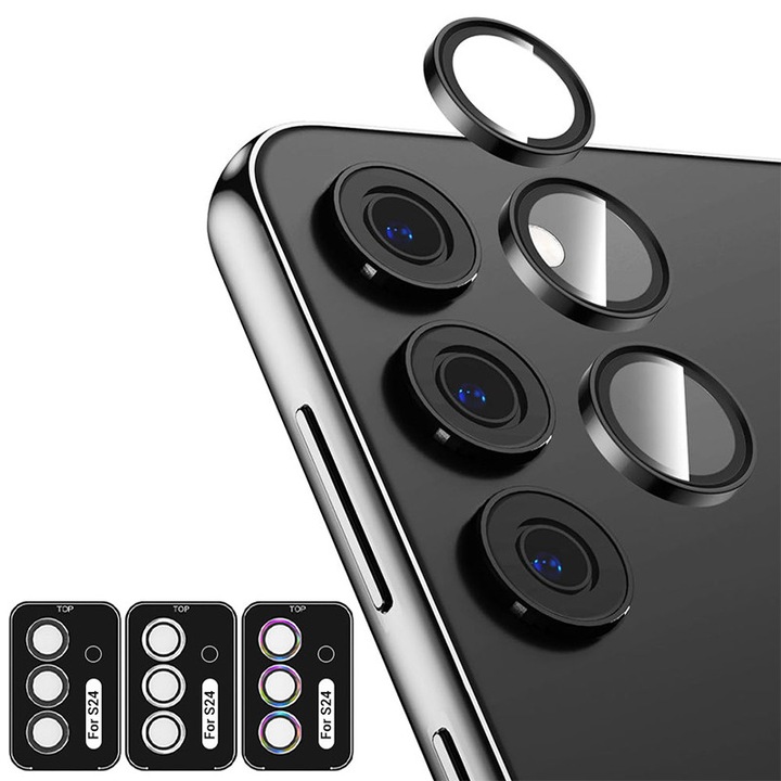 Set protectii lentila camera pentru Samsung Galaxy S24, JESWO®, Full Cover, etanseaza lentila impotriva apei, uleiului si prafului, aluminiu, sticla 9H, Negru