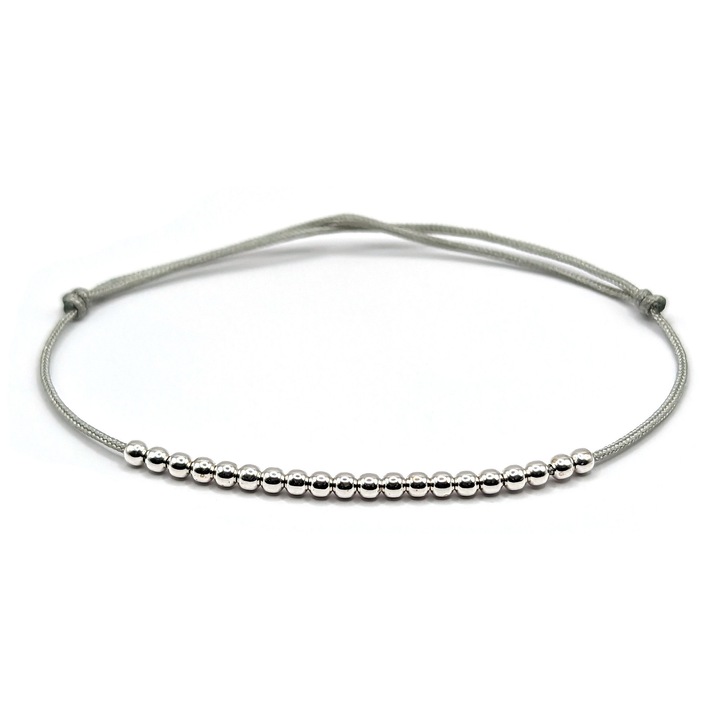 Bratara handmade, ajustabila, din argint 925, Lexy's Boutique, snur de matase, 20 margele argint 2.20 mm, argintiu/gri