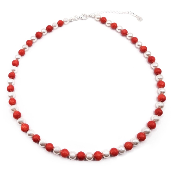 Colier handmade, ajustabil, din argint 925, Lexy's Boutique, pietre semipretioase coral si scoica multicolor, max. 45.50 cm