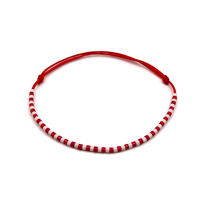 Állítható karkötő, Lexy's Boutique, selyemzsinór, Miyuki Delica gyöngyök, piros/fehér