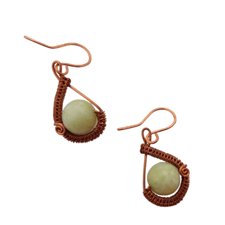 Cercei din cupru, sal cu jad lamaie, 4 cm
