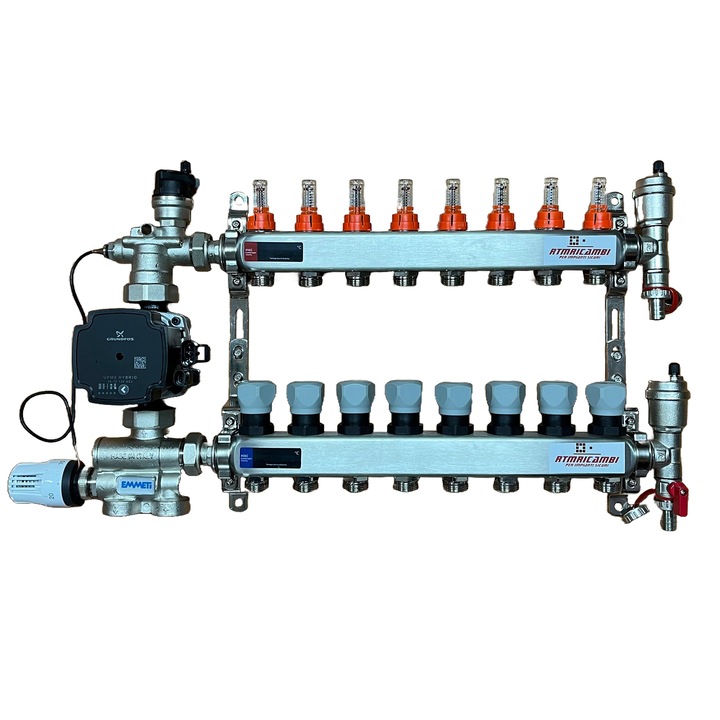 Set distribuitor pardoseala RTM cu 8 cai, 3/4", cu grup amestec Emmeti cu pompa Grundfos 25/70 UPM3 Hybrid si kit aerisitor incluse