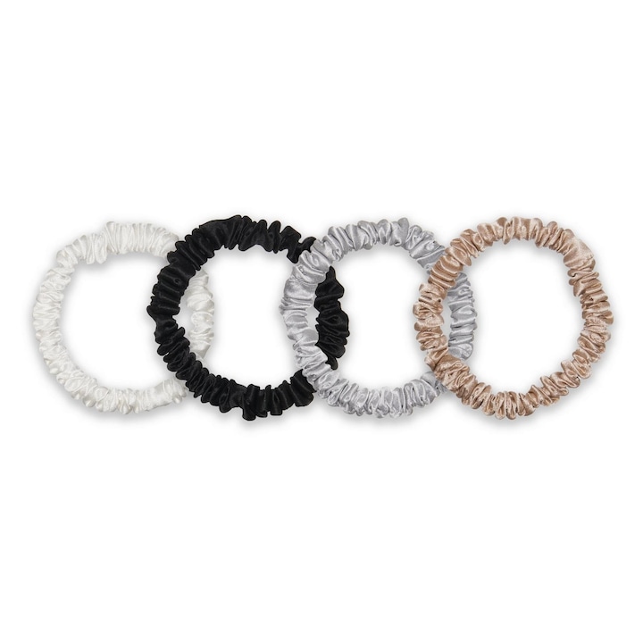 Set 4 elastice mici din matase Mulberry Ivoire, Negru, Silver Gray, Caramel