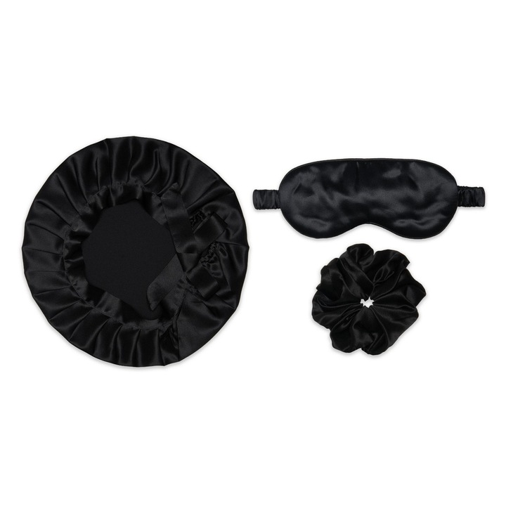 Set boneta din matase, masca de dormit, elastic mare din matase Mulberry Negru