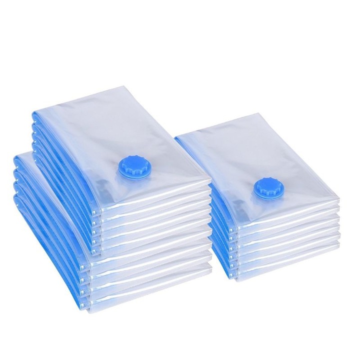 Set 15 Pungi organizare imbracaminte, Ruhhy, 3 dimensiuni, Albastru/Transparent