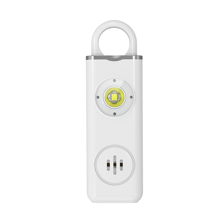 Персонална паник аларма BYNOVIS, Тип ключодържател, Интензитет на звука 130 dB, Защита срещу кражба, Индикатор за изтощена батерия, LED фенерче, SOS режим, USB Type-C презареждане, За деца/жени, Преносима, Бял