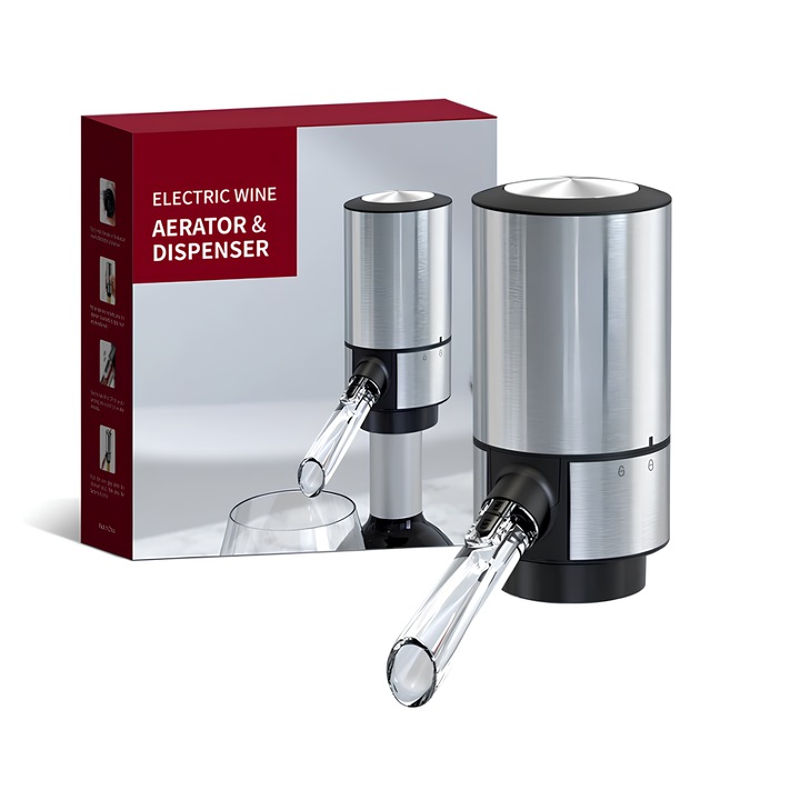Decantor cu aerator electric pentru vin, tub potrivit pentru toate genurile de sticle, portabil, argintiu