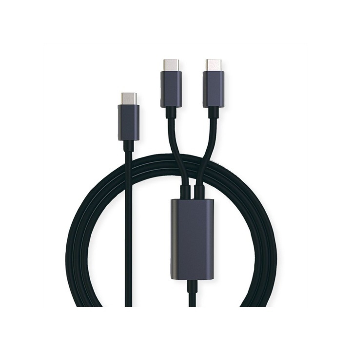 Захранващ кабел ROLINE 11.02.8308, USB2.0 Type C, Y-Splitter за две устройства, C-C, M/M, 100W, 1.85м, черен