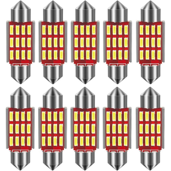 Set 10 becuri LED 36mm, JENUOS®, 12 LED, pt numar de imatriculare sau plafoniera, Portbagaj, Lampi numar Lumina Alba, Alb 6000K