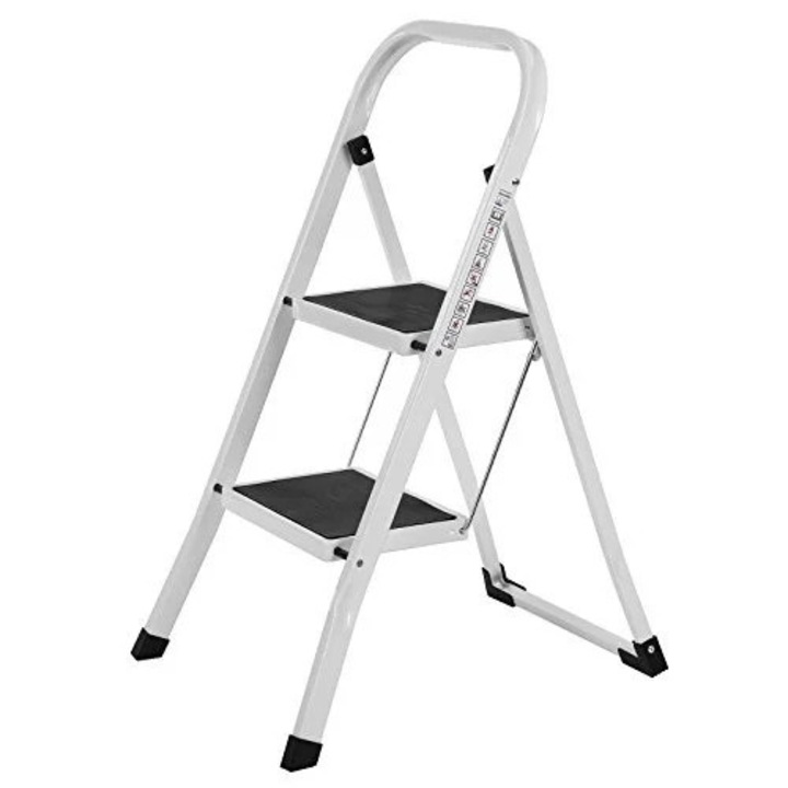 SONGMICS Scara pliabila cu 2 trepte, cauciuc antiderapant, sarcina 150 kg, otel, 45x55x82cm, alb si negru