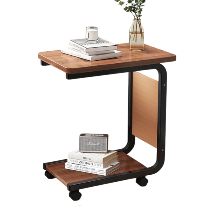 Masuta din otel carbon pentru cafea, 4 roti, 2 blaturi din lemn, buzunar de depozitare, 65 (H) x 45 (L) x 30 (l) cm, natur