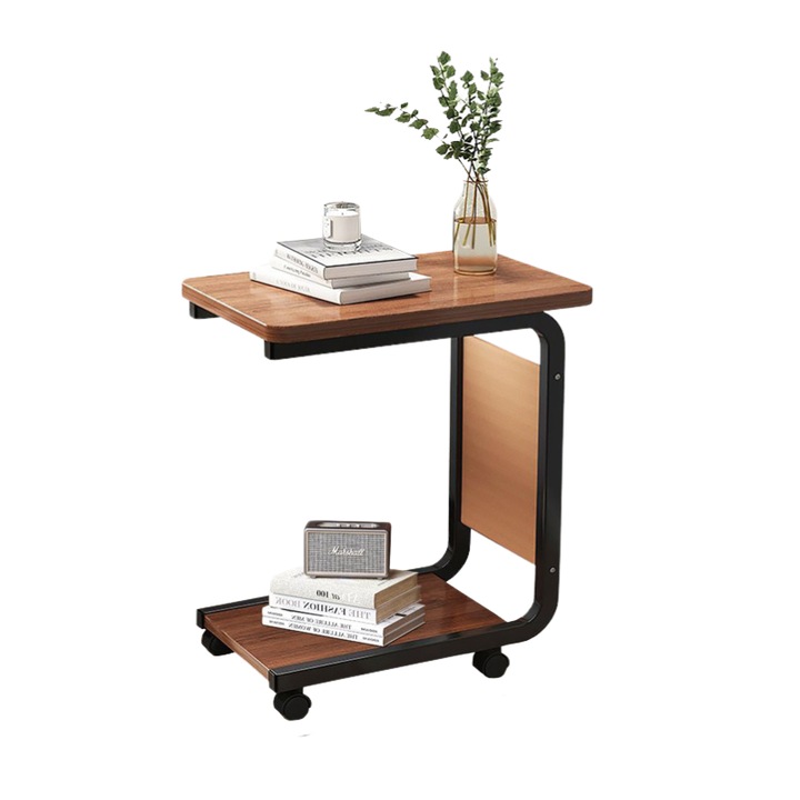 Холна маса от въглеродна стомана, 4 колела, 2 дървени плота, джоб за съхранение, 65 (В) x 45 (Д) x 30 (Ш) см, Естествен цвят