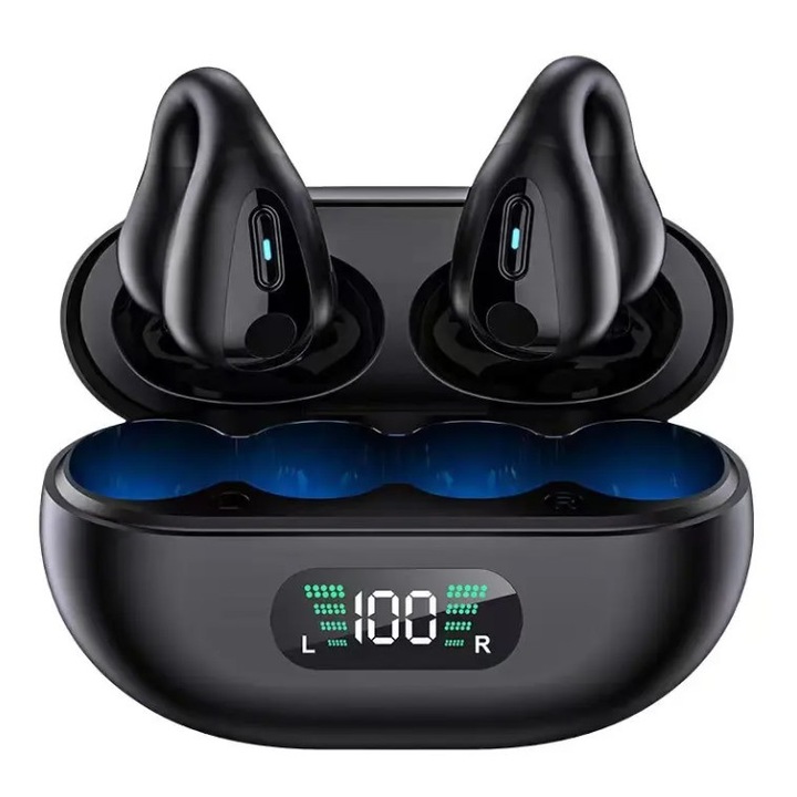 Безжични слушалки PERFORMTECH® Q80, закопчаване, Bluetooth 5.3, сензорно управление, щипка за ухо, автоматично свързване, водоустойчив IPX6, светодиоден дисплей на батерията, шумопотискане, микрофон, универсален, черен