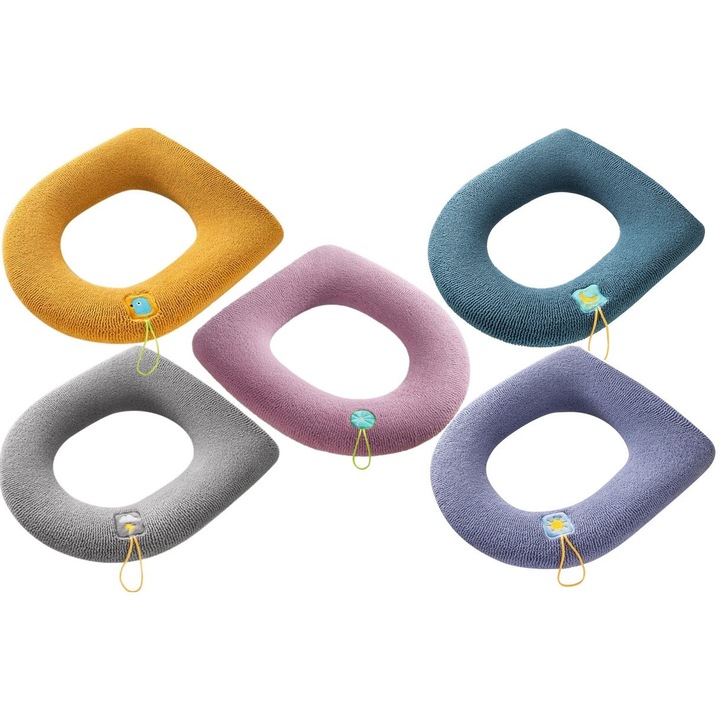 Комплект от 5 универсални капака за тоалетна чиния, DIGIMAT®, премиум качество, плътен и мек материал, пухкав на допир, удобни, разтегливи влакна, налични в 5 цвята (сив, син, зелен, оранжев, розов)